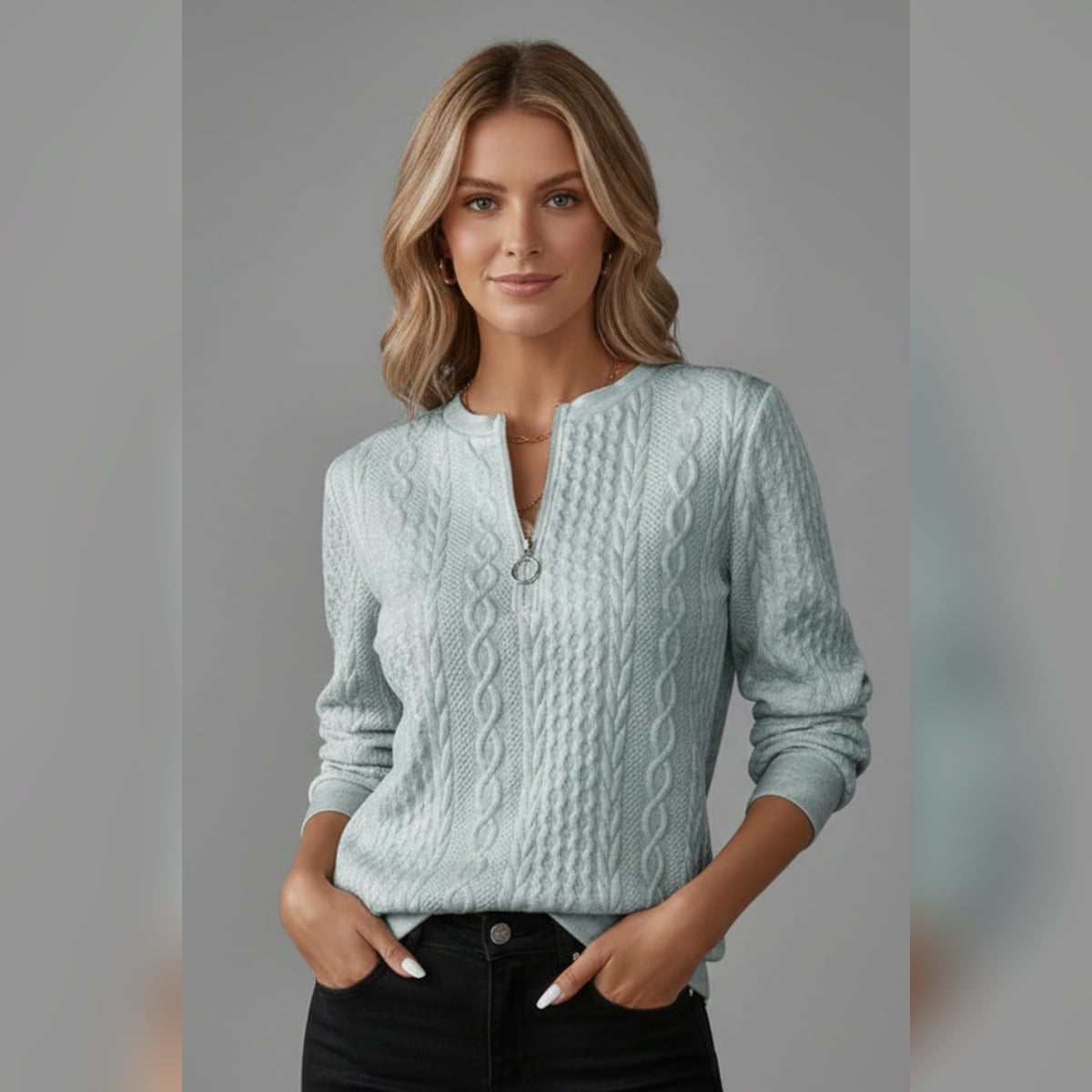 pull femme col zippé torsades en gris