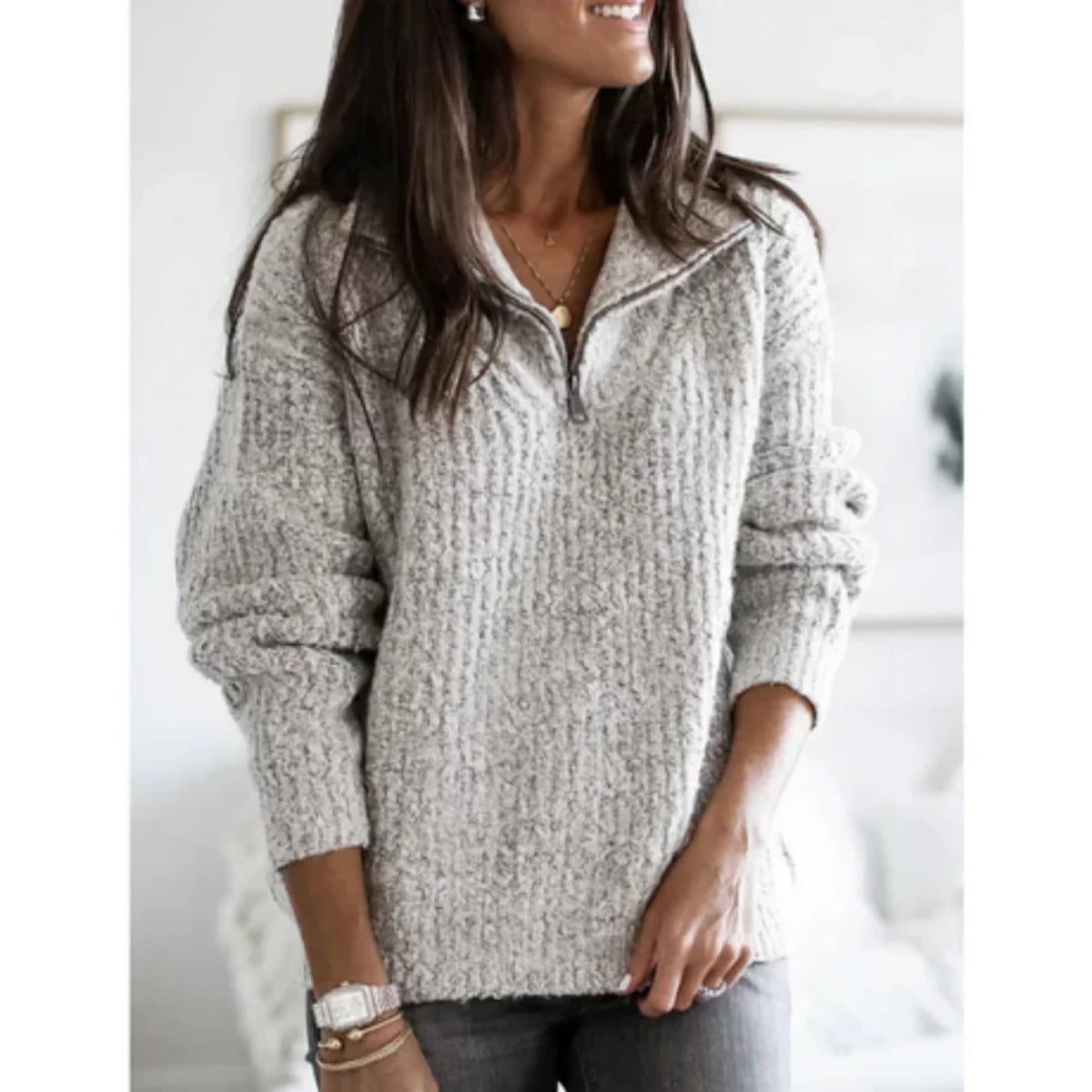 pull femme demi-zip col montant en gris