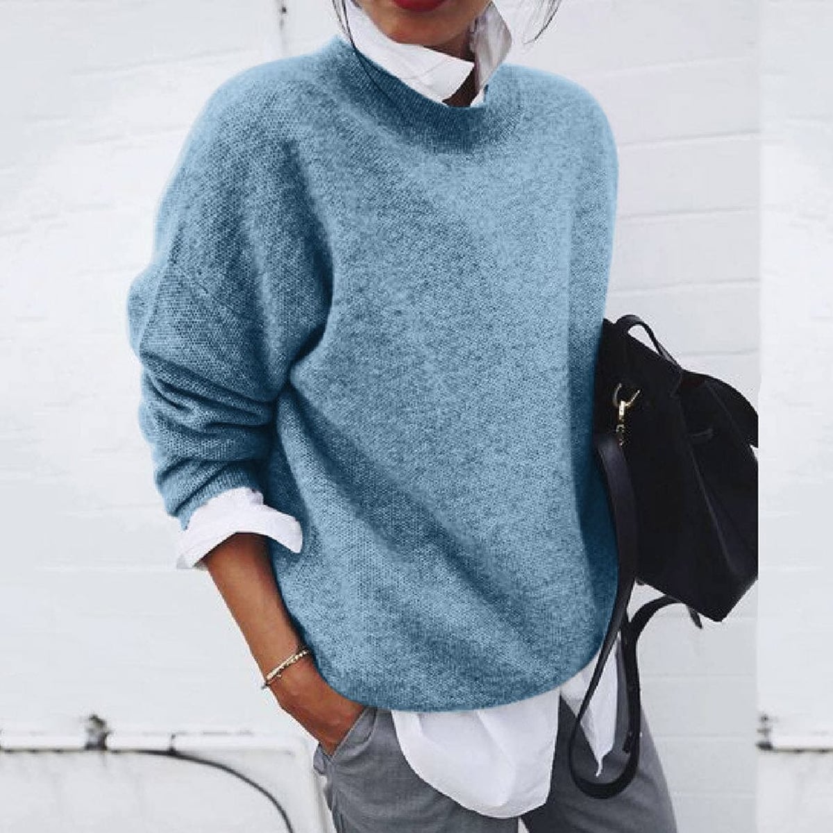 pull femme hiver oversize col rond en bleu