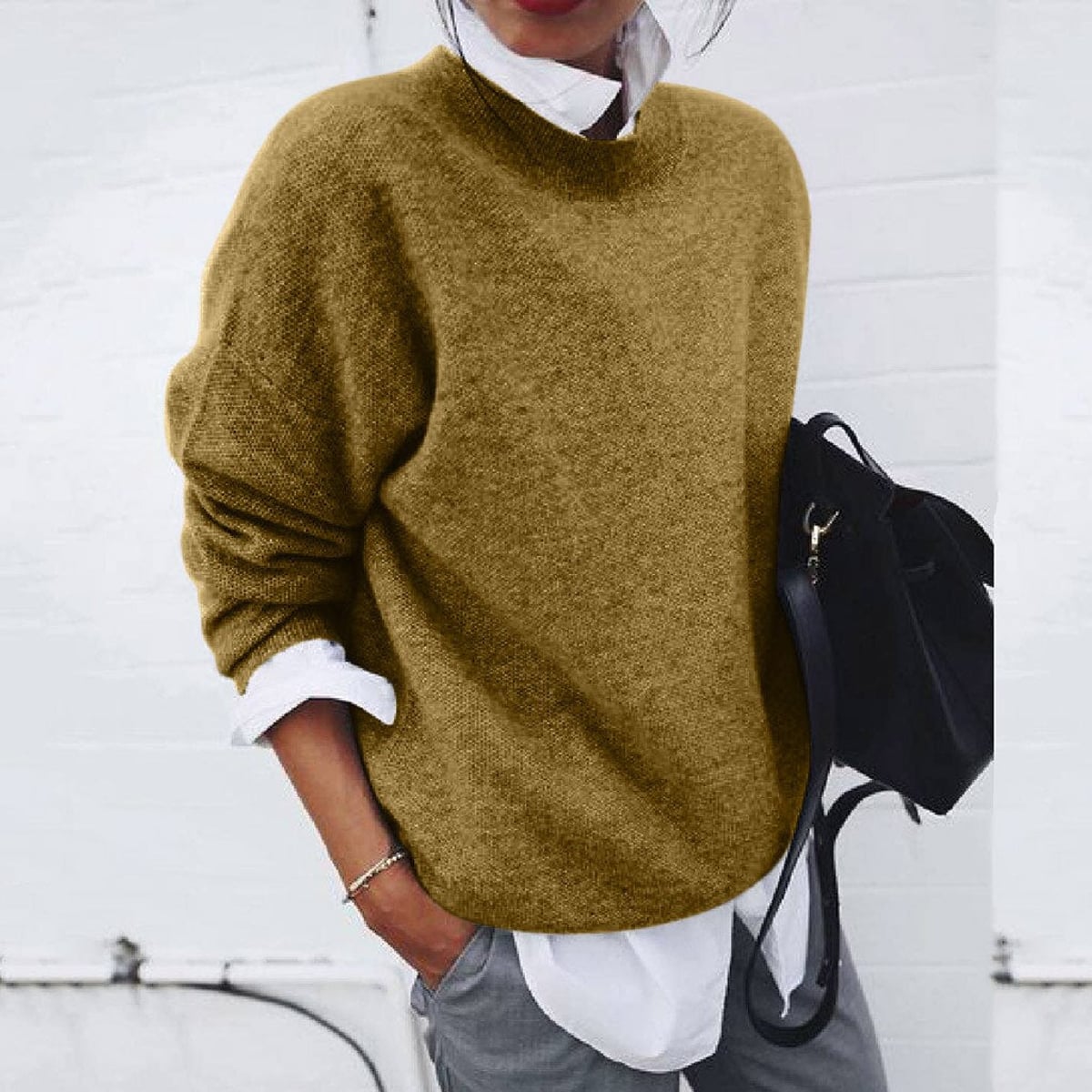 pull femme hiver oversize col rond en kaki