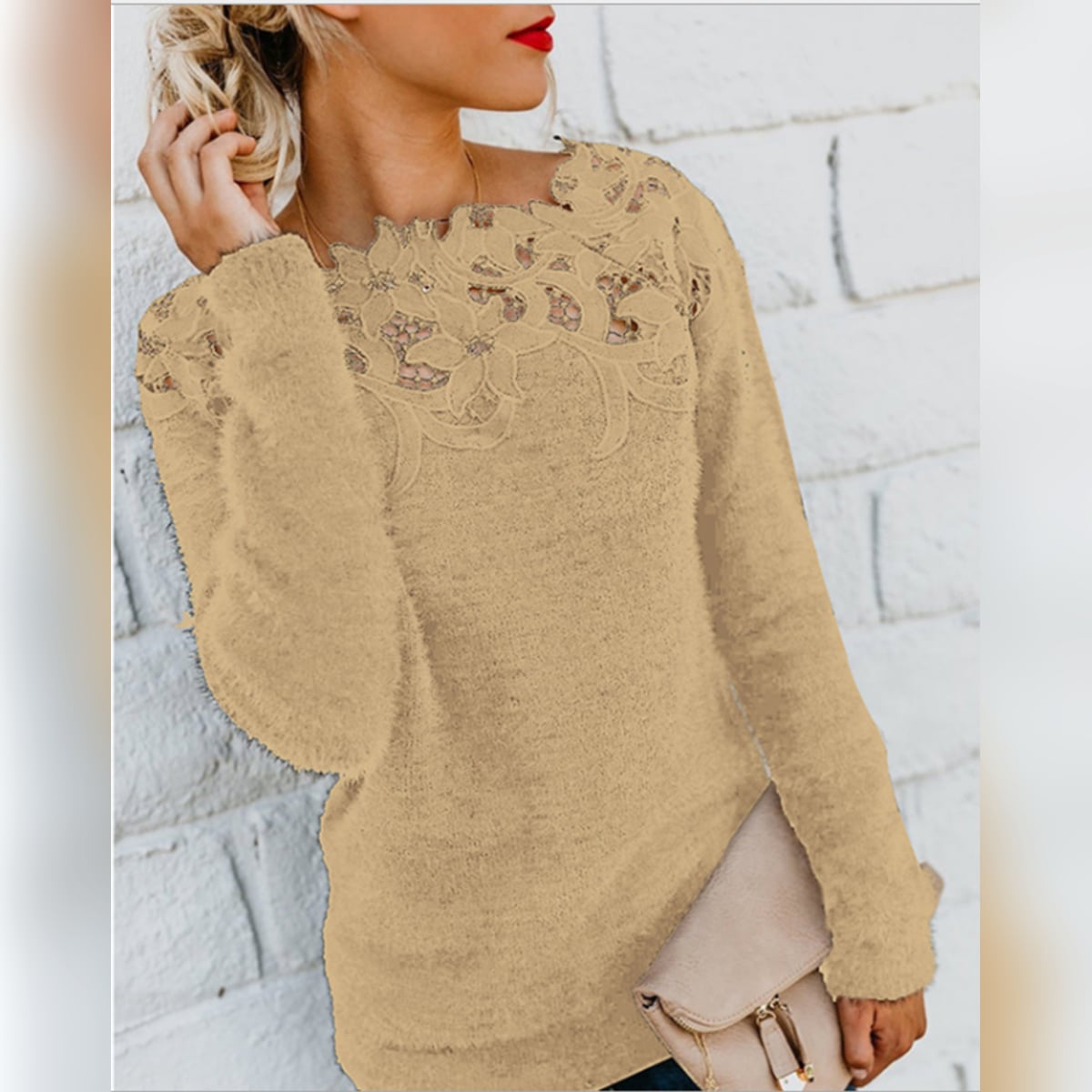 pull femme manches longues dentelle florale en kaki