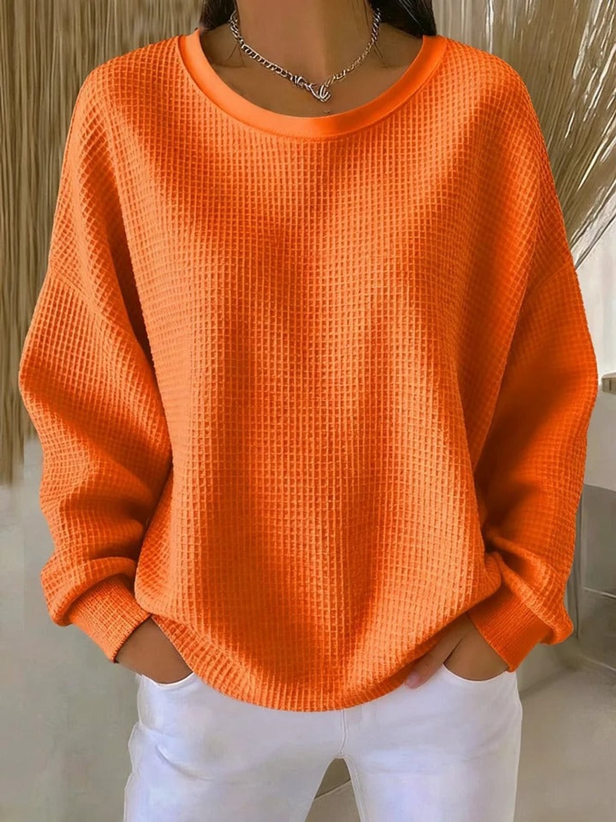 pull femme oversize col rond texturé en orange