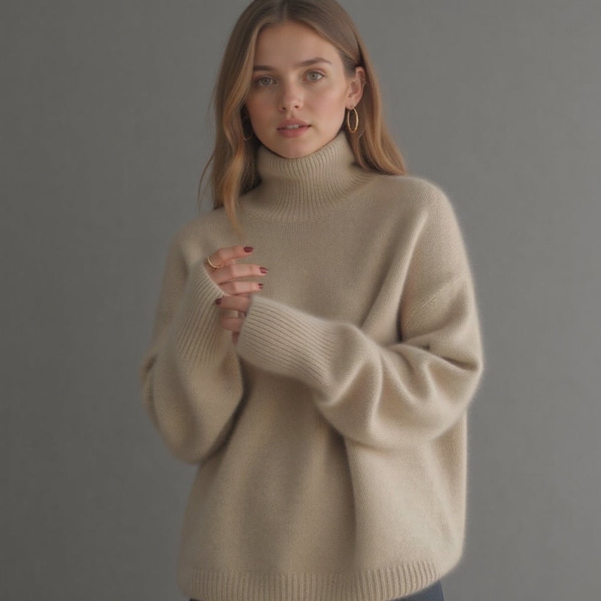 pull femme oversize col roulé en beige