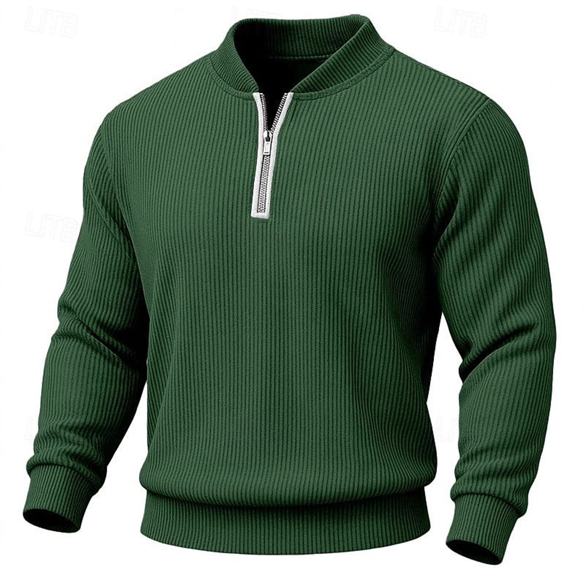 pull homme col zippé côtelé en vert foncé