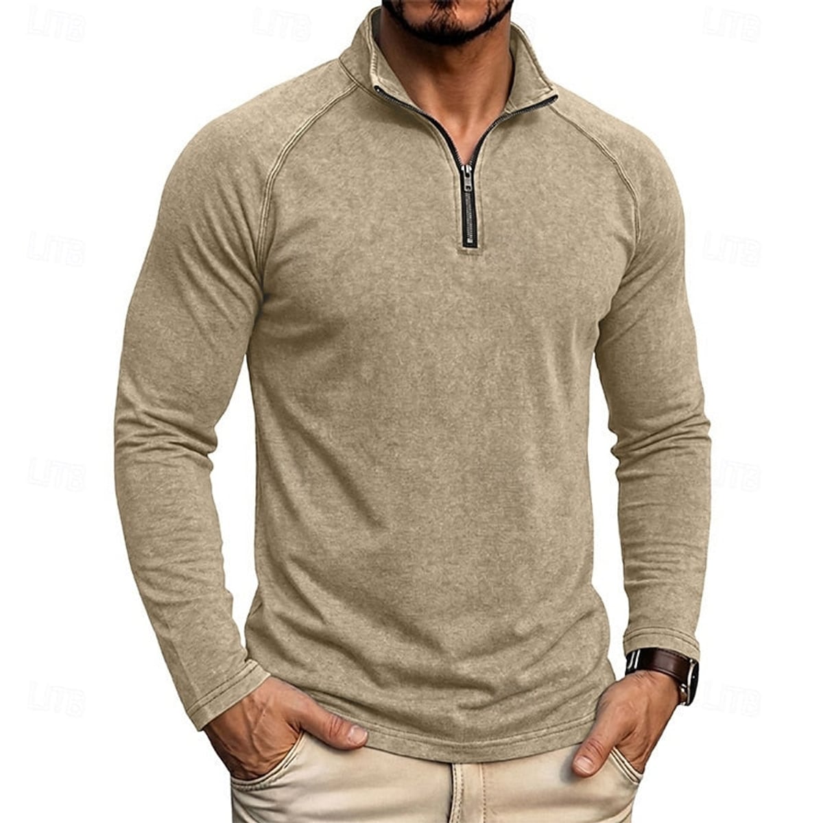 pull homme col zippé coupe décontractée en kaki