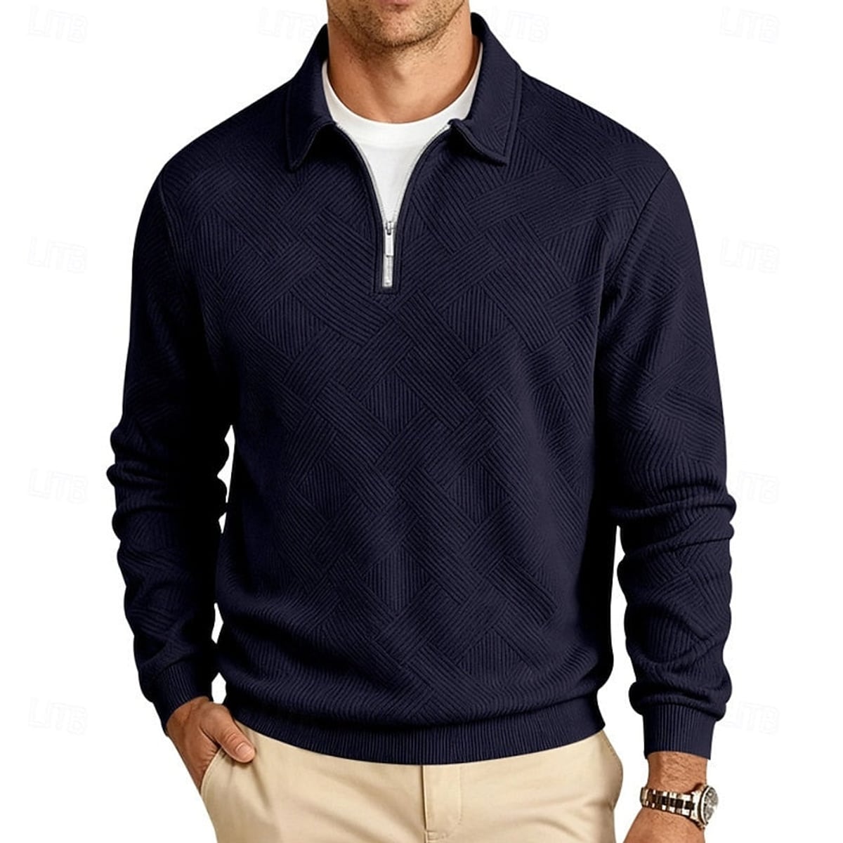 pull homme col zippé coupe régulière confort doux en bleu marine