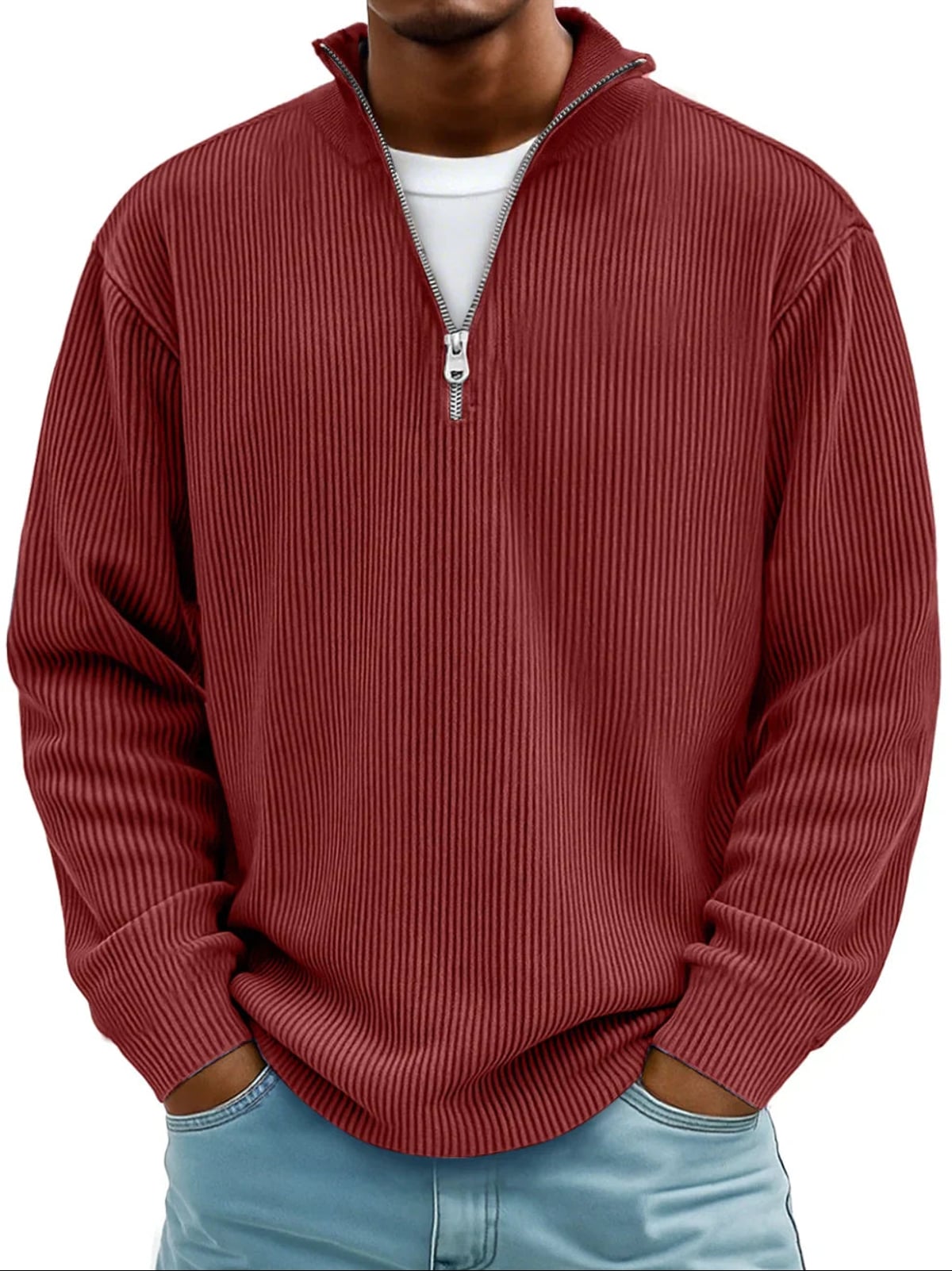 pull homme col zippé mi-hauteur coupe ample structuré en rouge