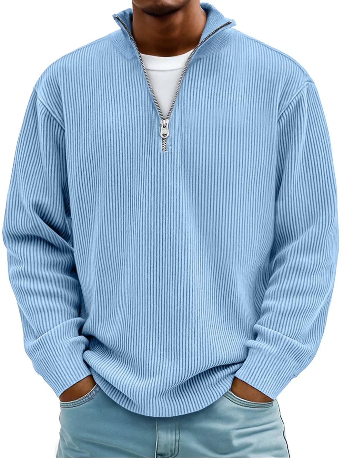 pull homme col zippé mi-hauteur coupe ample structuré en bleu