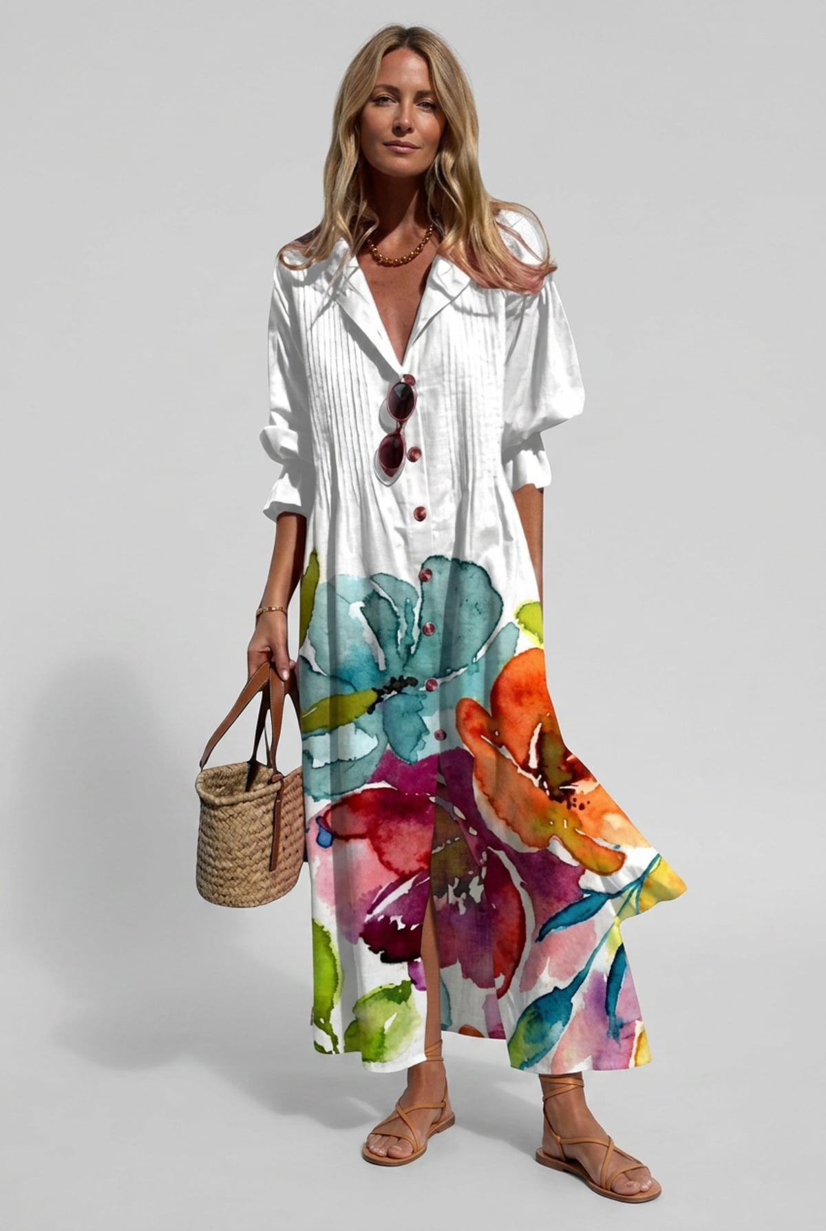 robe chemise femme longue imprimée floral en blanc