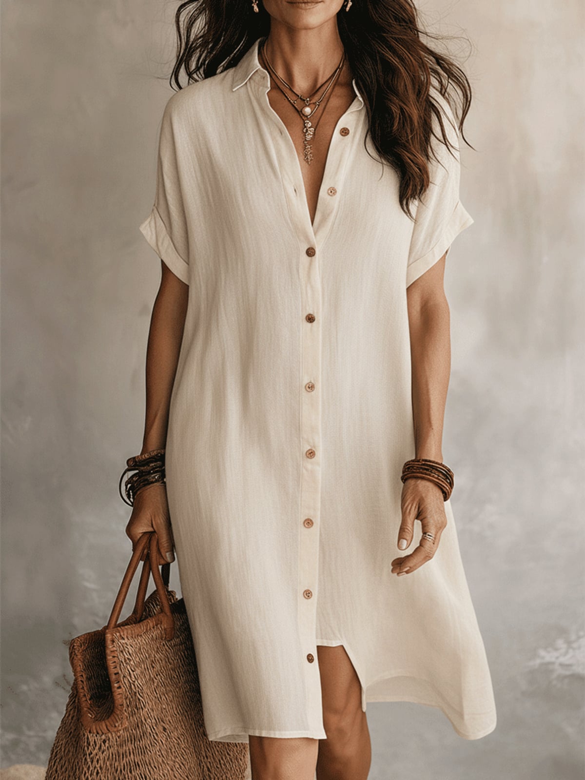 robe chemise femme mi-longue manches courtes en blanc