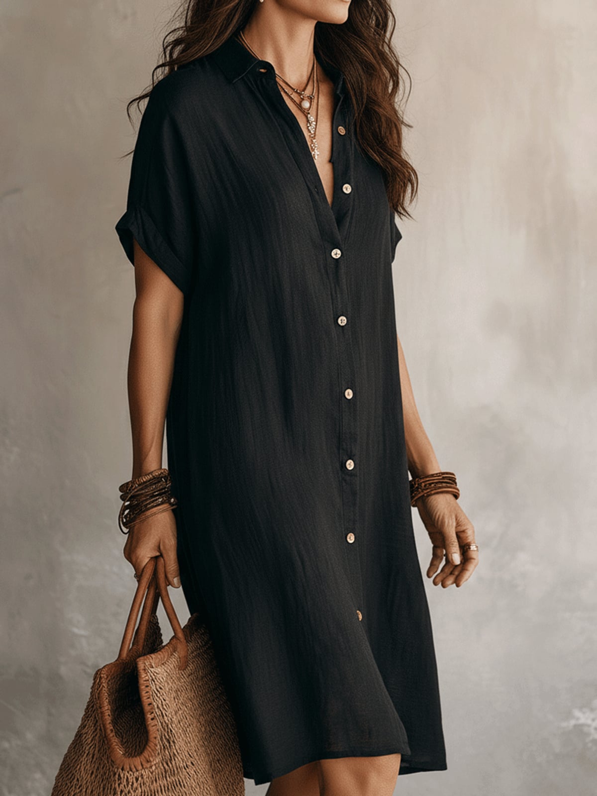 robe chemise femme mi-longue manches courtes en noir