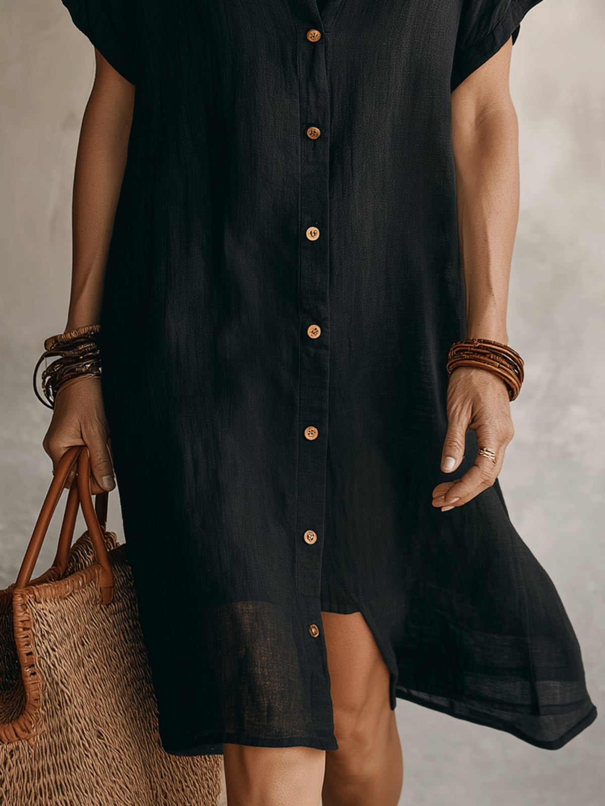 robe chemise femme mi-longue manches courtes en noir