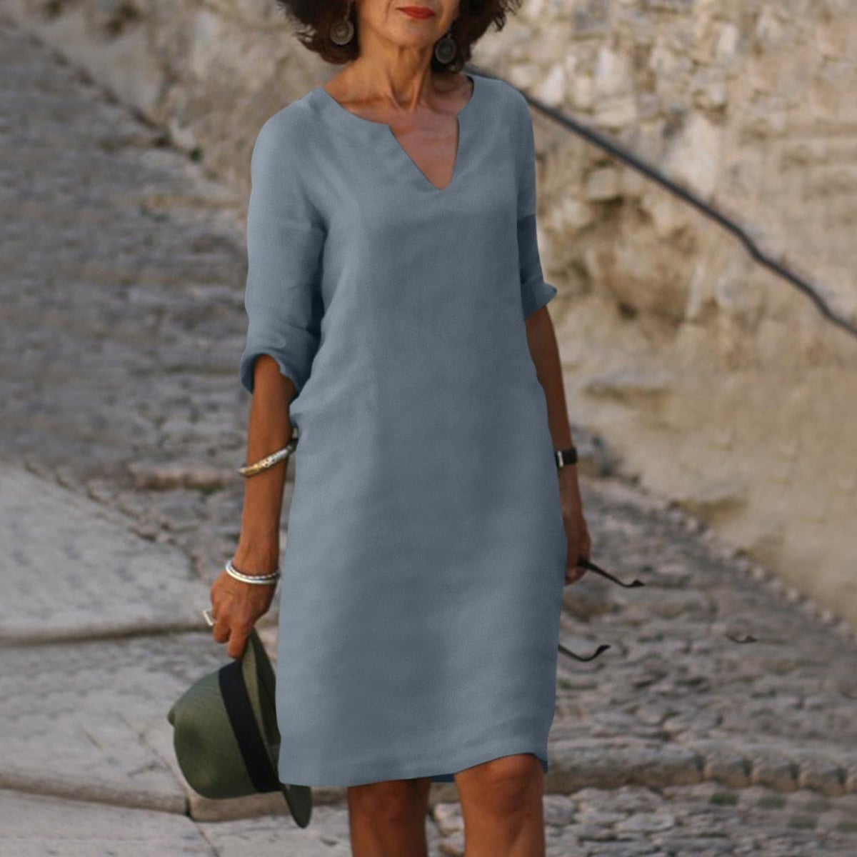 robe femme col en v manches trois-quarts en bleu gris