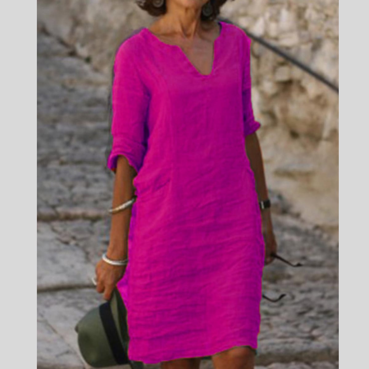 robe femme col en v manches trois-quarts en rose