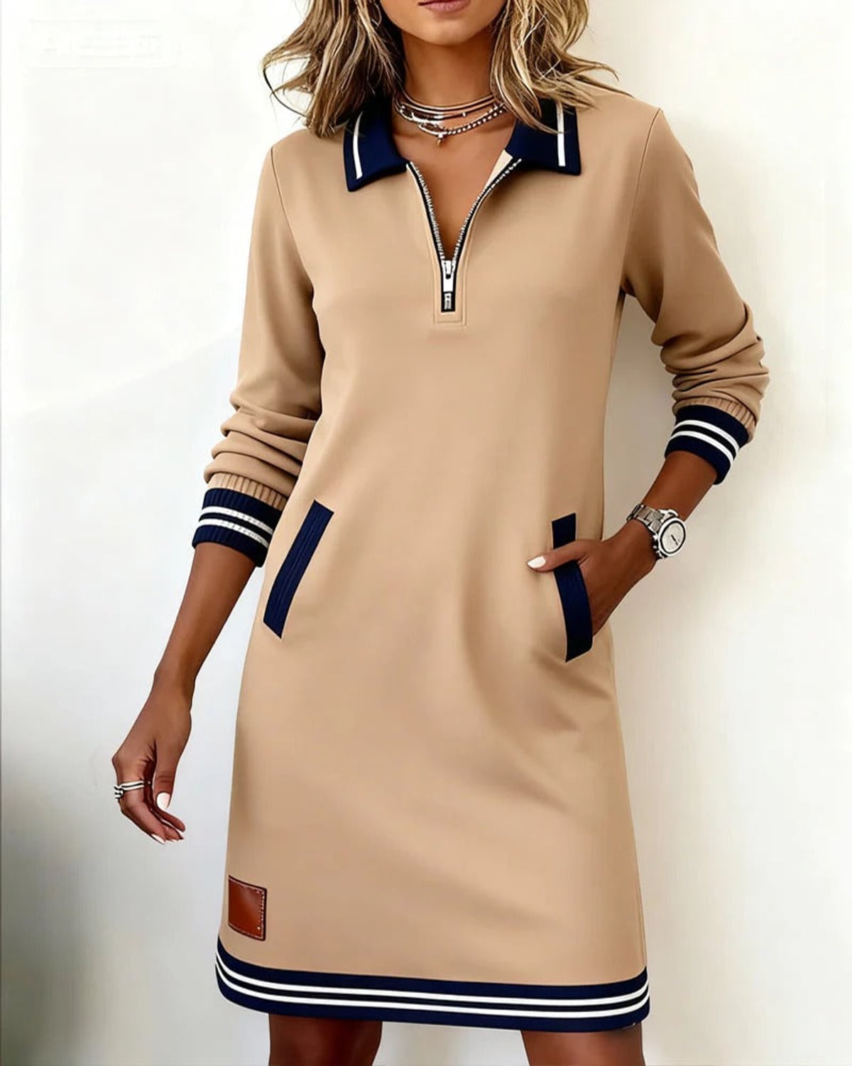 robe femme col polo zippé manches longues en beige