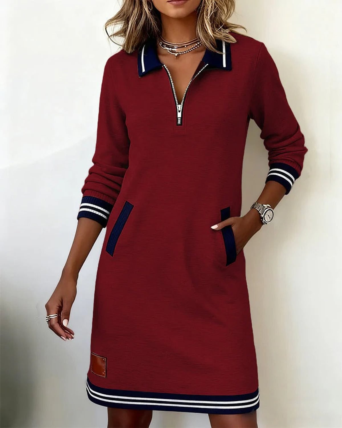 robe femme col polo zippé manches longues en rouge