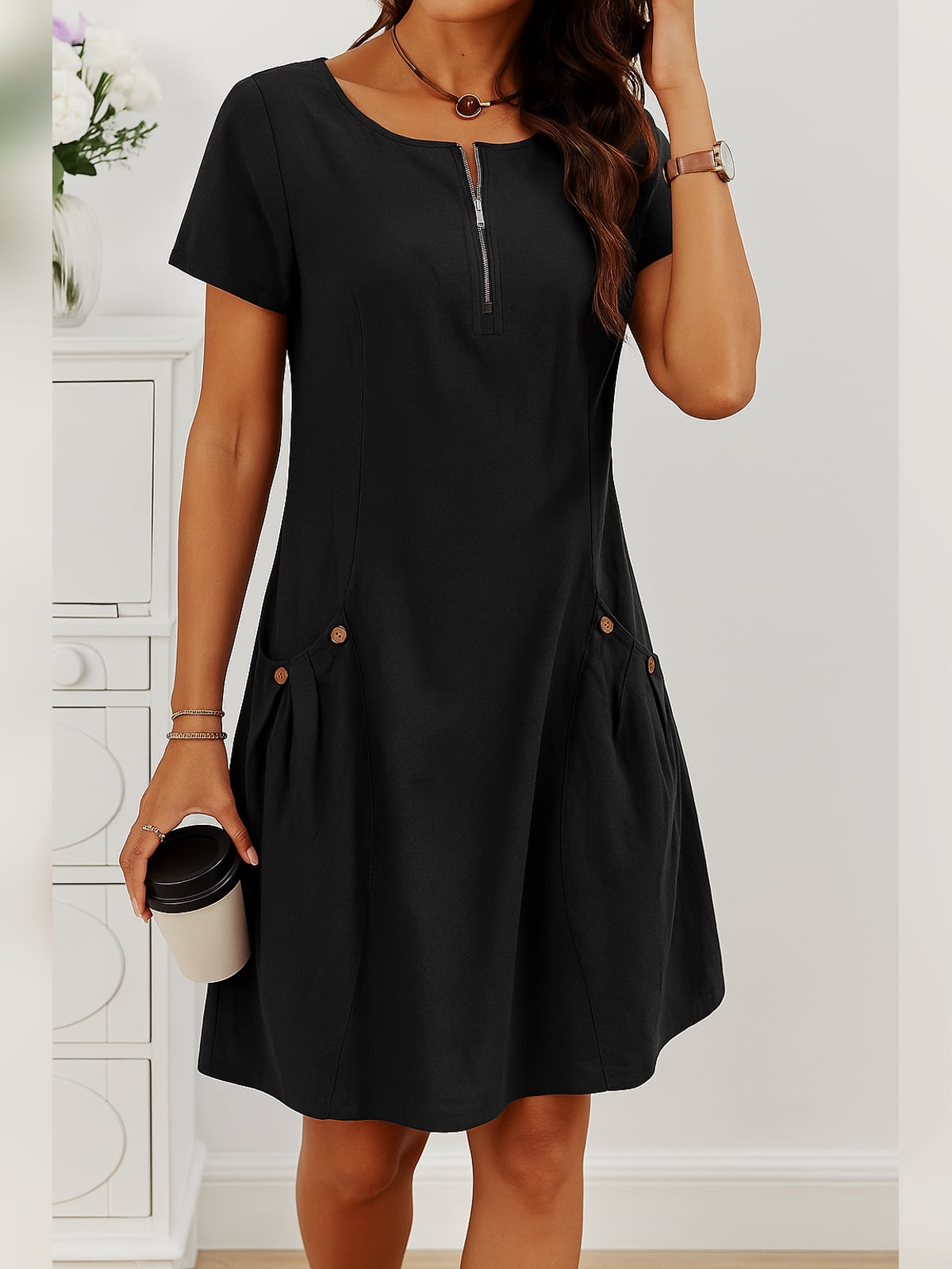 robe femme mi-longue manches courtes poches en noir