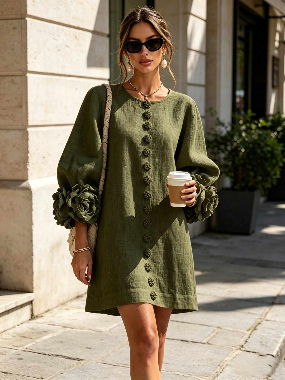 robe femme trapèze manches bouffantes boutons floraux en vert