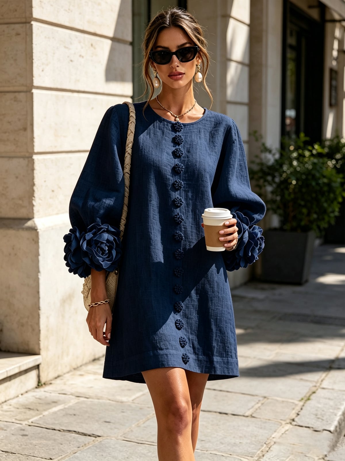 robe femme trapèze manches bouffantes boutons floraux en bleu marine