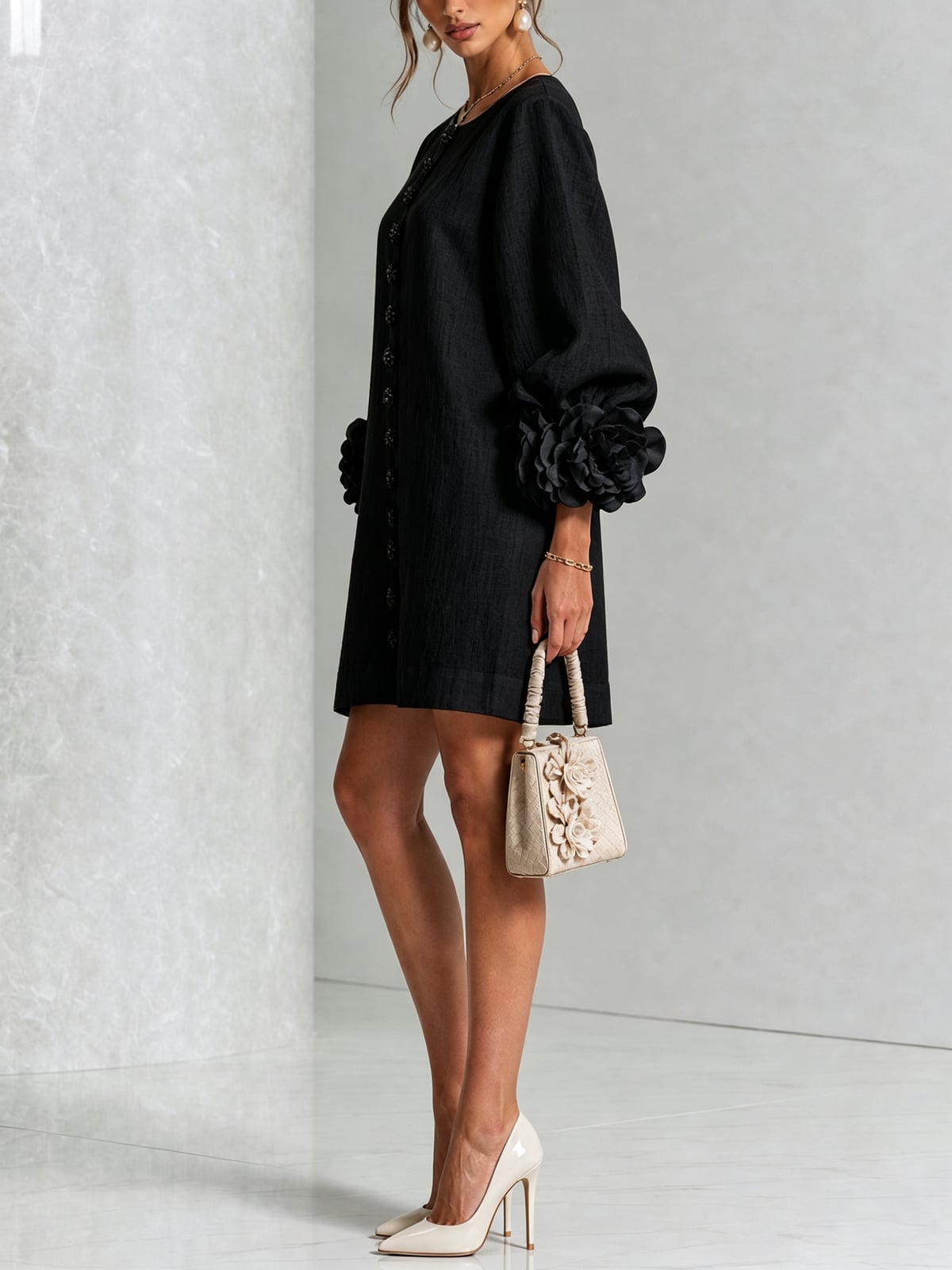 robe femme trapèze manches bouffantes boutons floraux en noir
