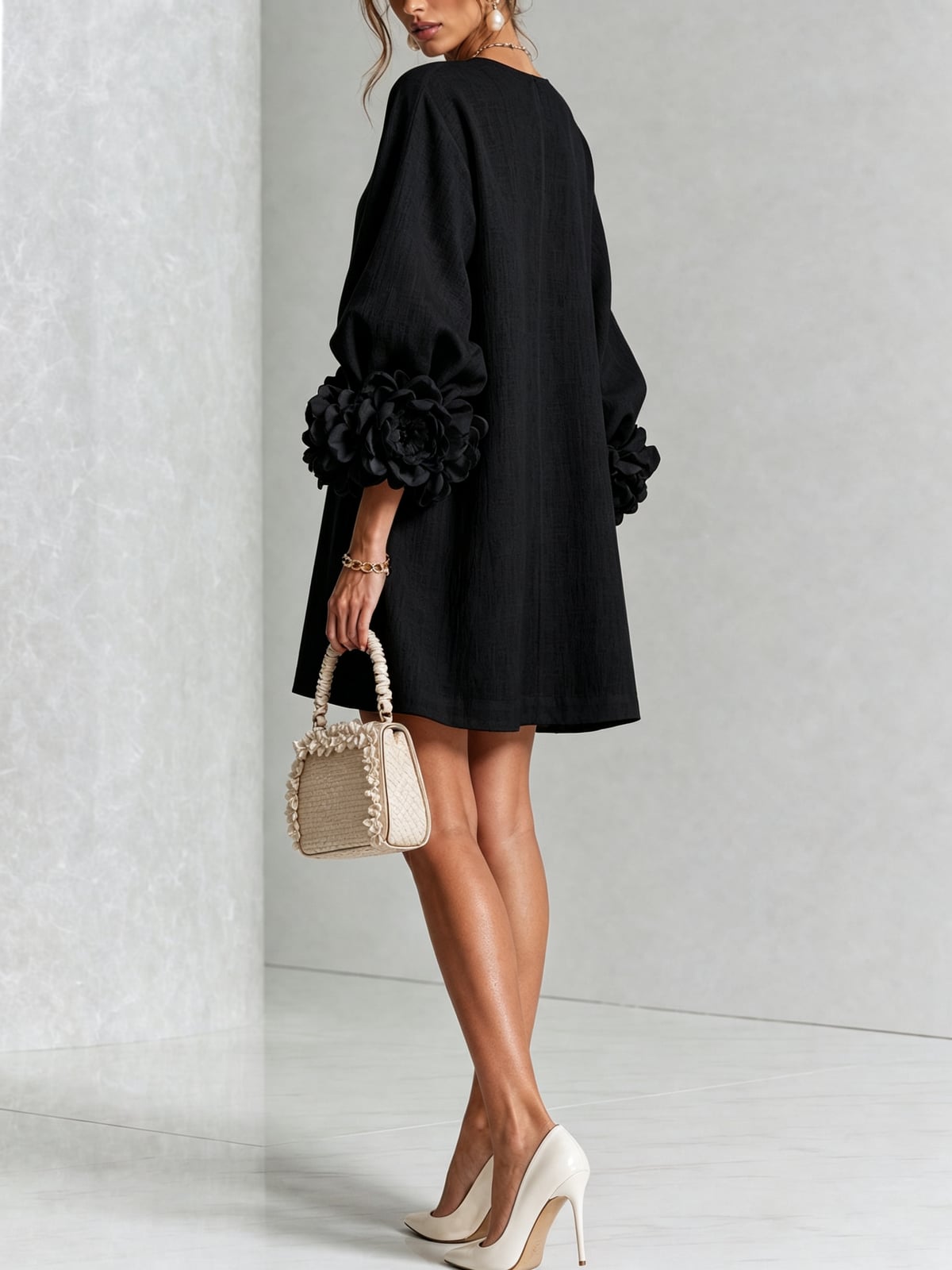 robe femme trapèze manches bouffantes boutons floraux