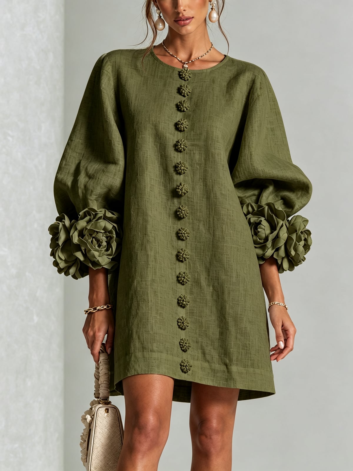 robe femme trapèze manches bouffantes boutons floraux en vert