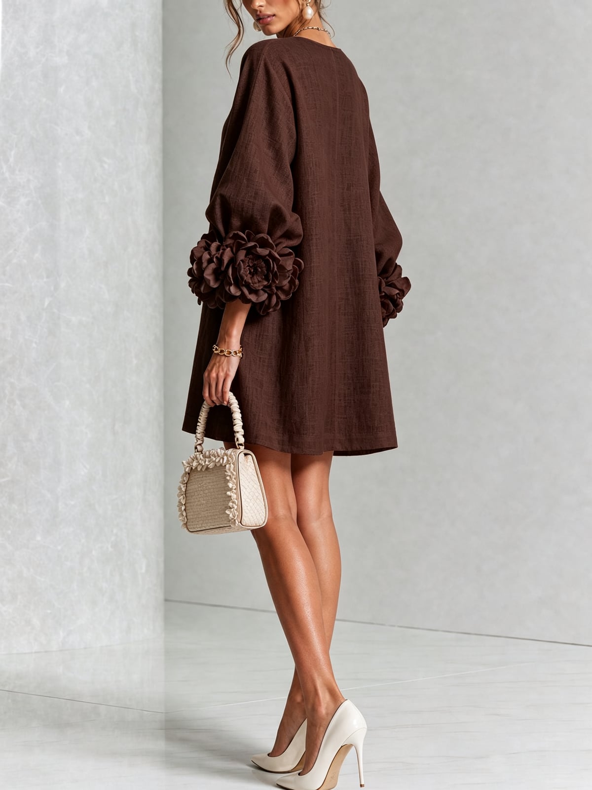 robe femme trapèze manches bouffantes boutons floraux