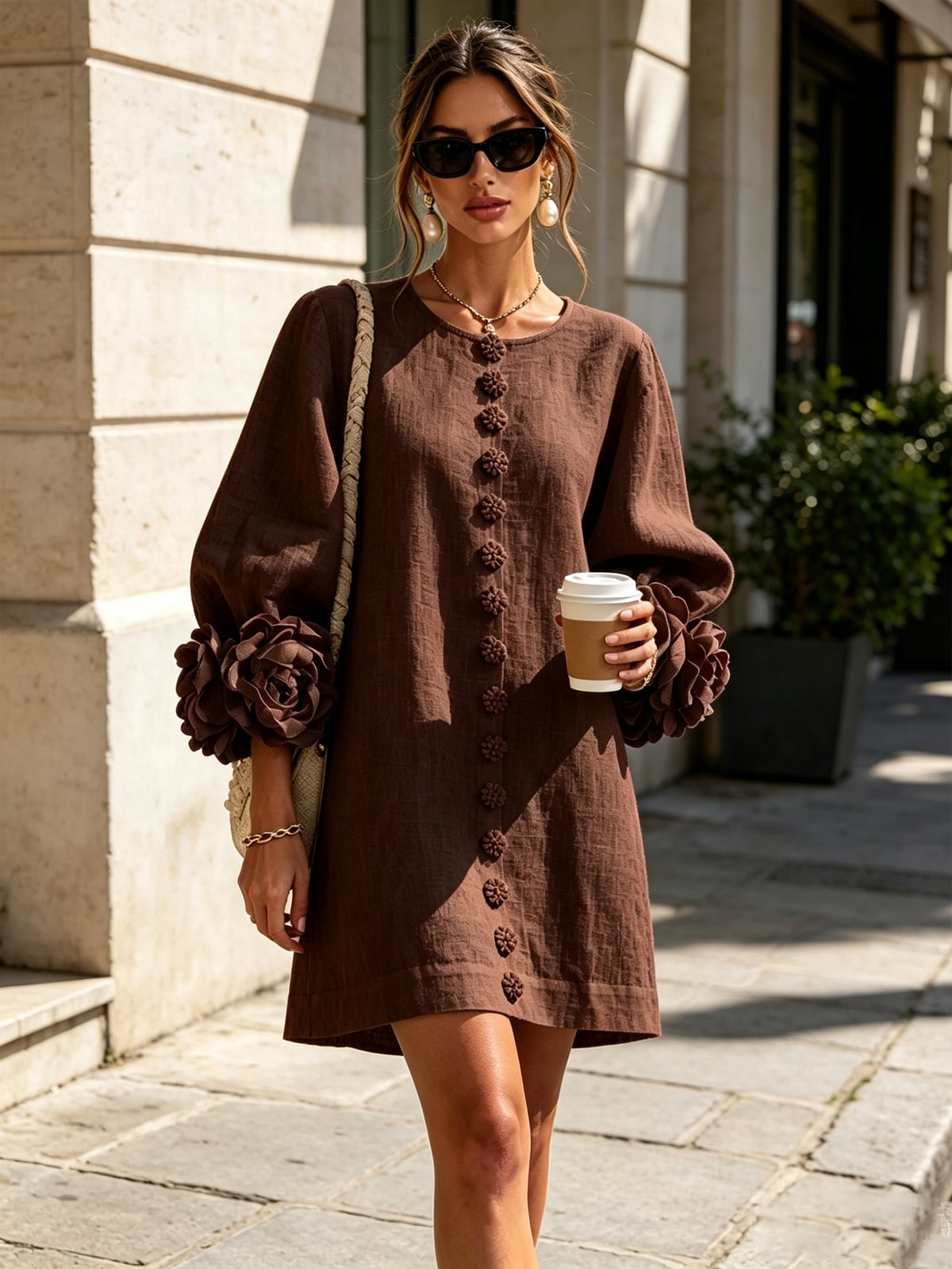 robe femme trapèze manches bouffantes boutons floraux