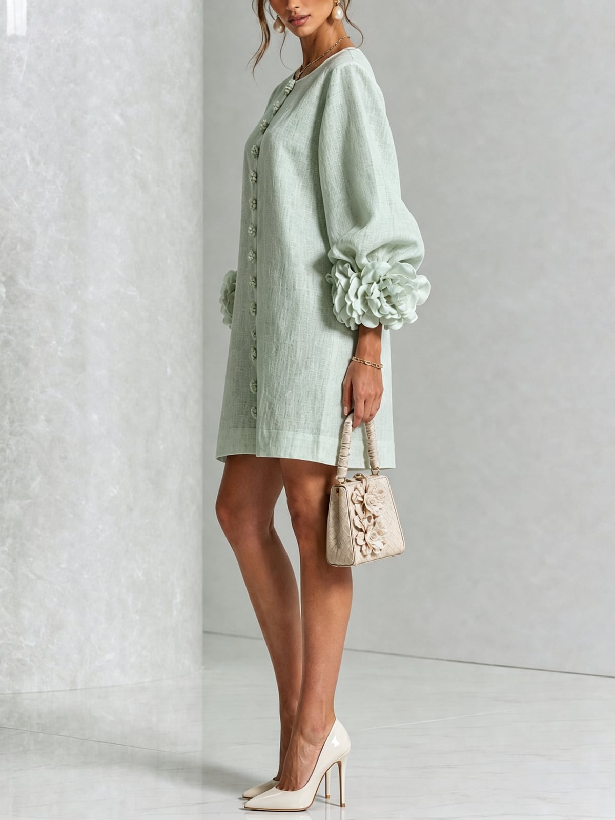 robe femme trapèze manches bouffantes boutons floraux