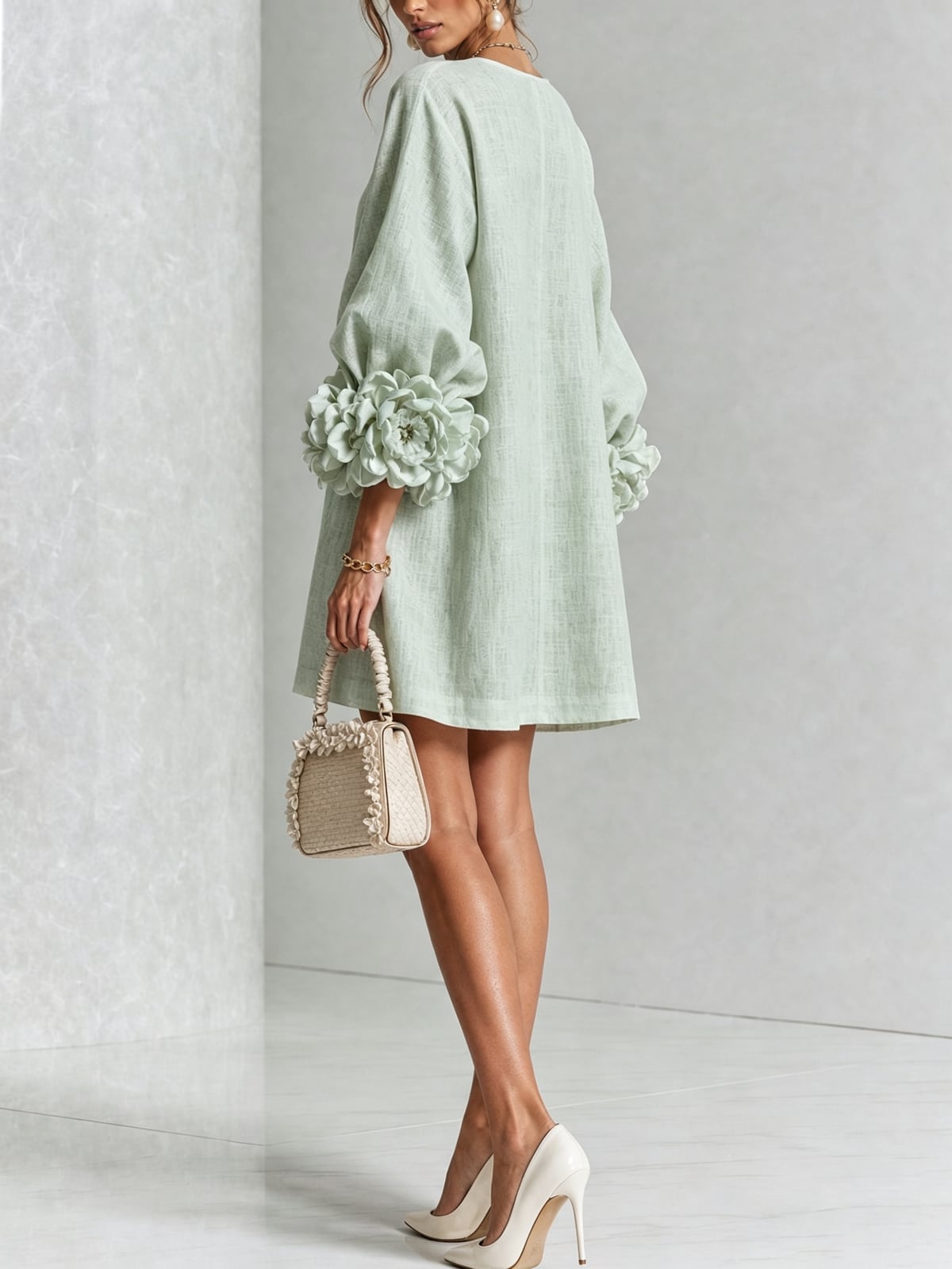 robe femme trapèze manches bouffantes boutons floraux
