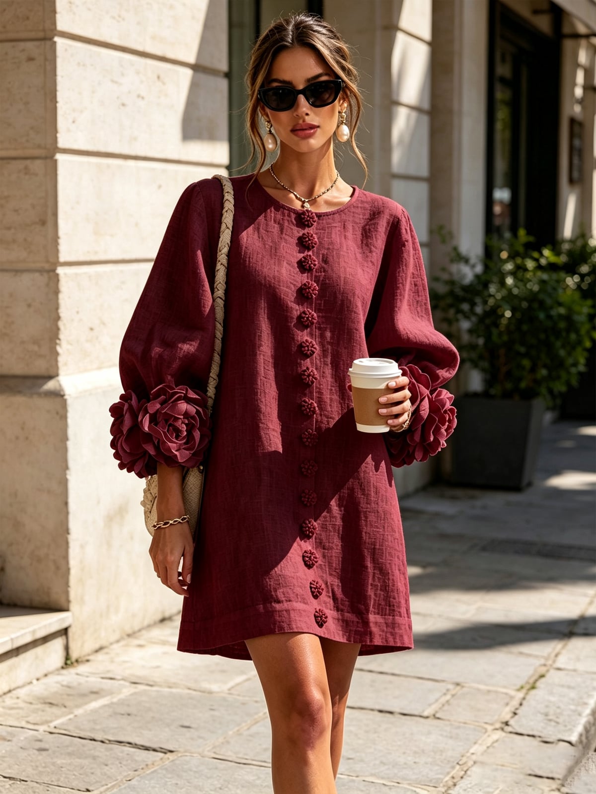 robe femme trapèze manches bouffantes boutons floraux