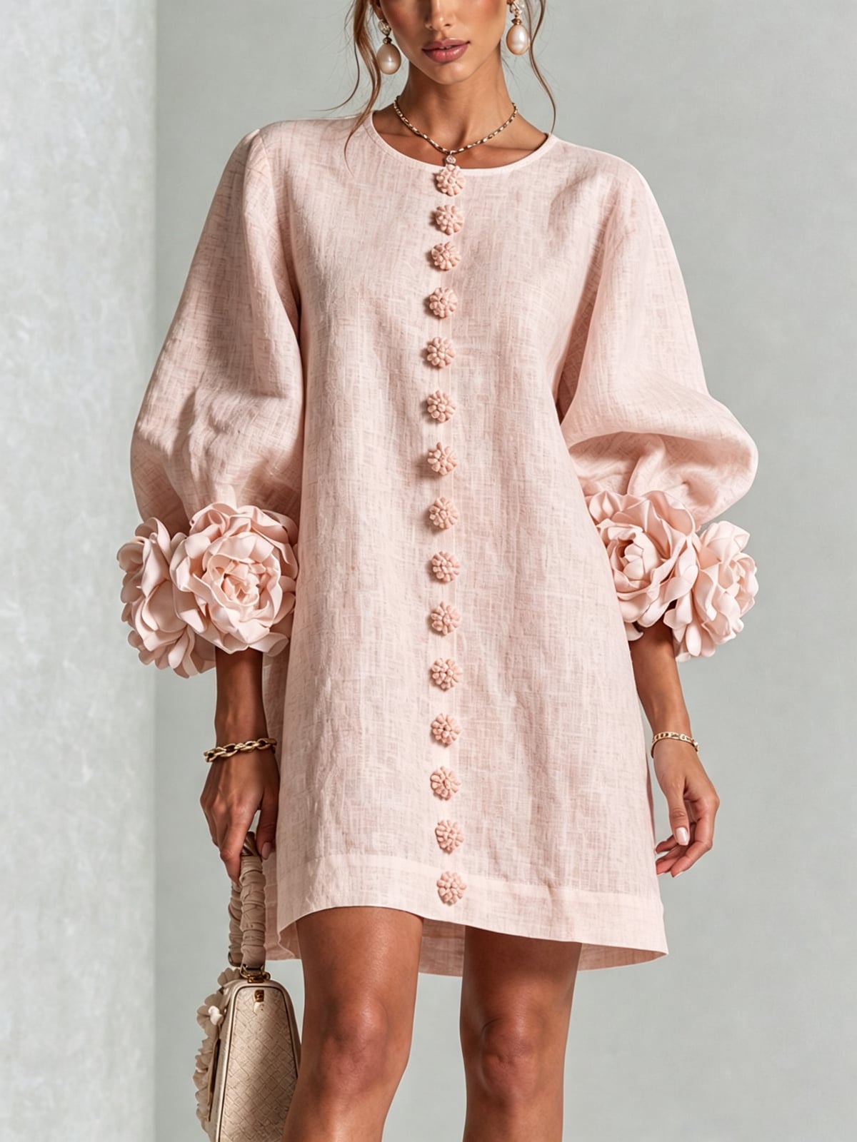 robe femme trapèze manches bouffantes boutons floraux en rose