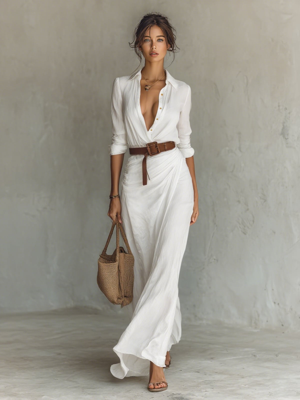 robe longue femme col chemise manches longues en blanc