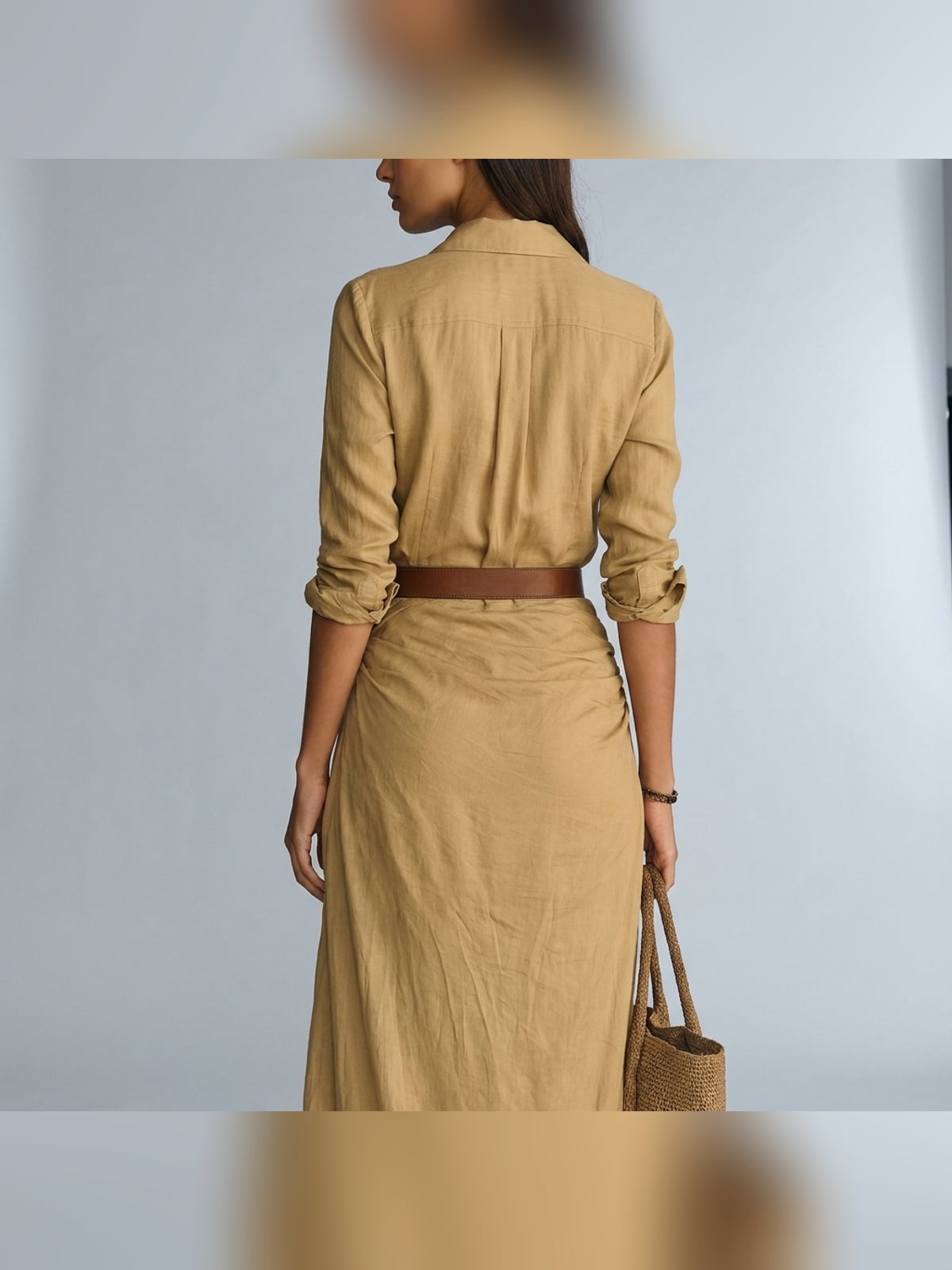 robe longue femme col chemise manches longues en kaki