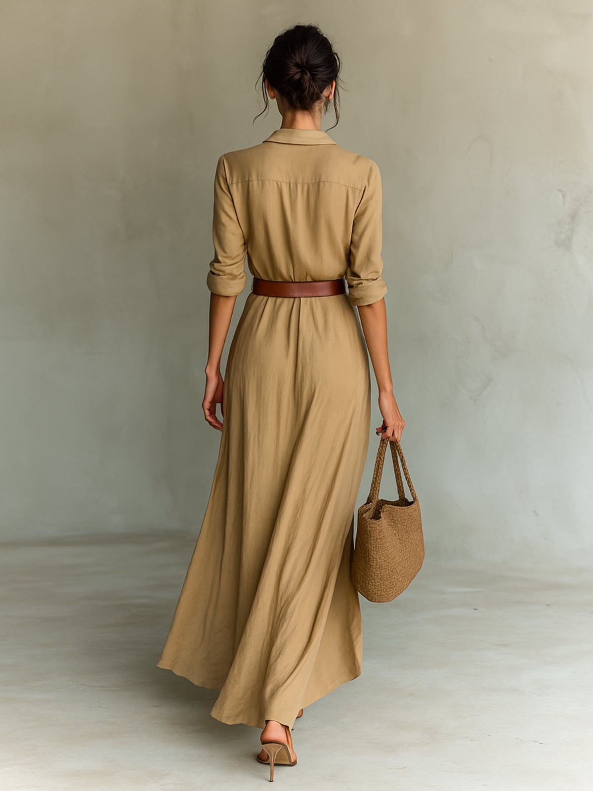 robe longue femme col chemise manches longues en kaki