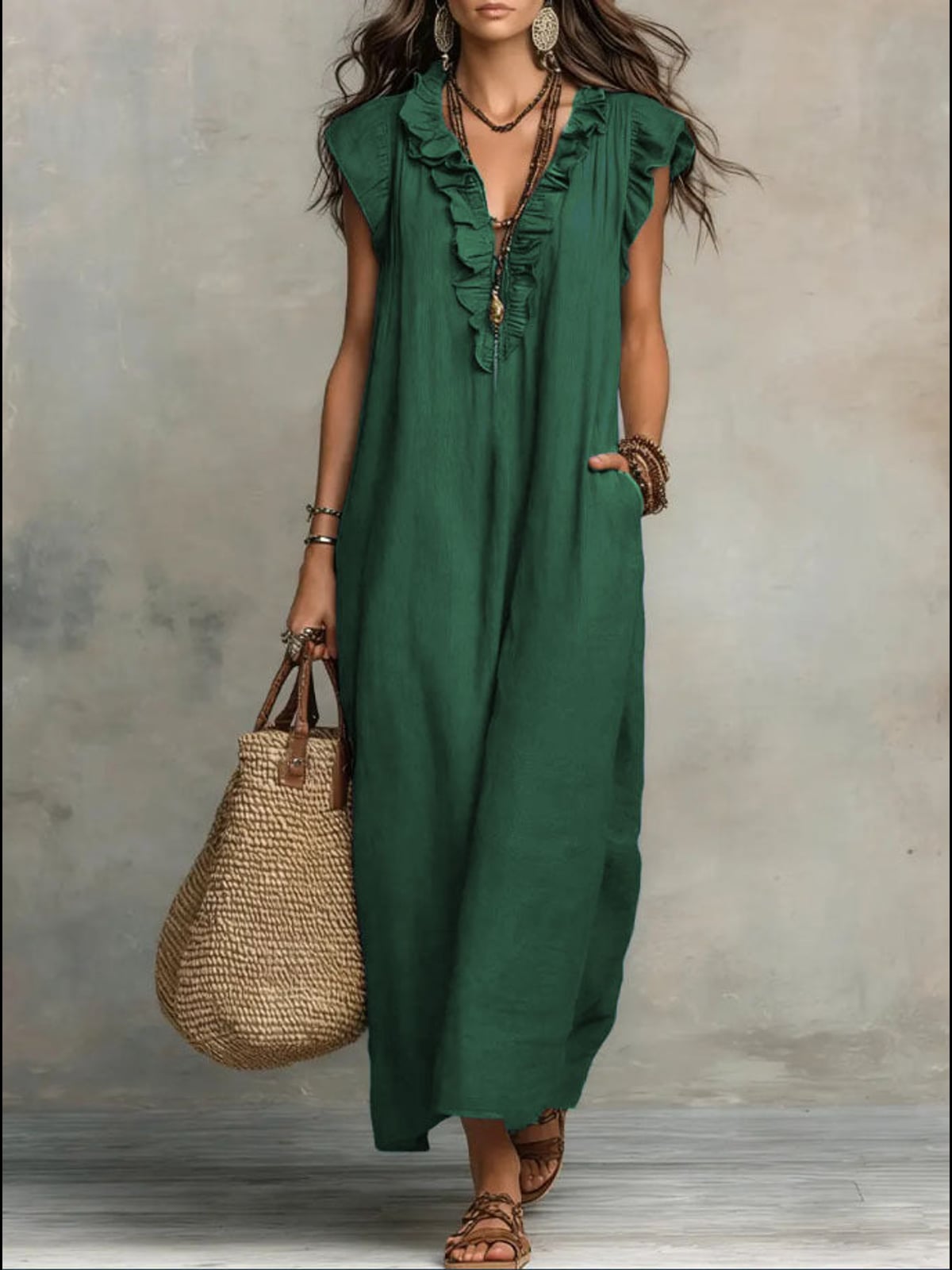 robe longue femme col en v à volants en vert olive