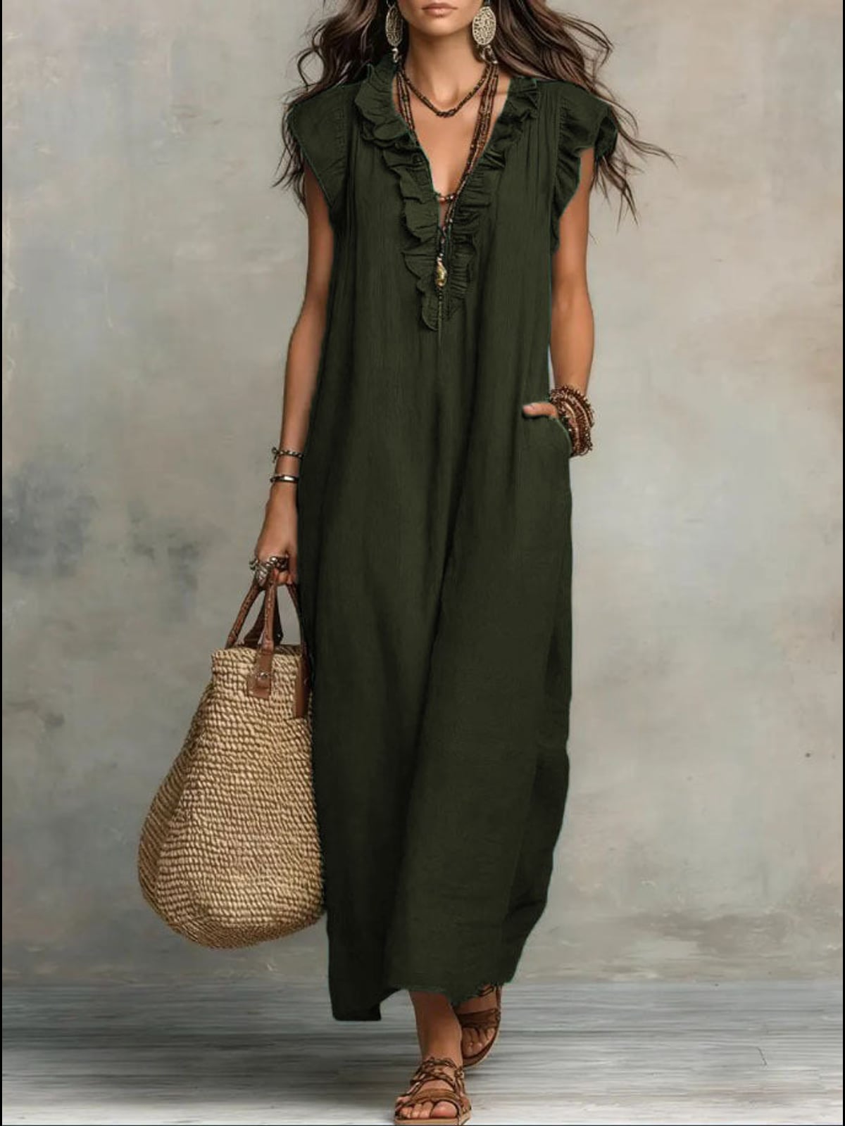 robe longue femme col en v à volants en vert foncé