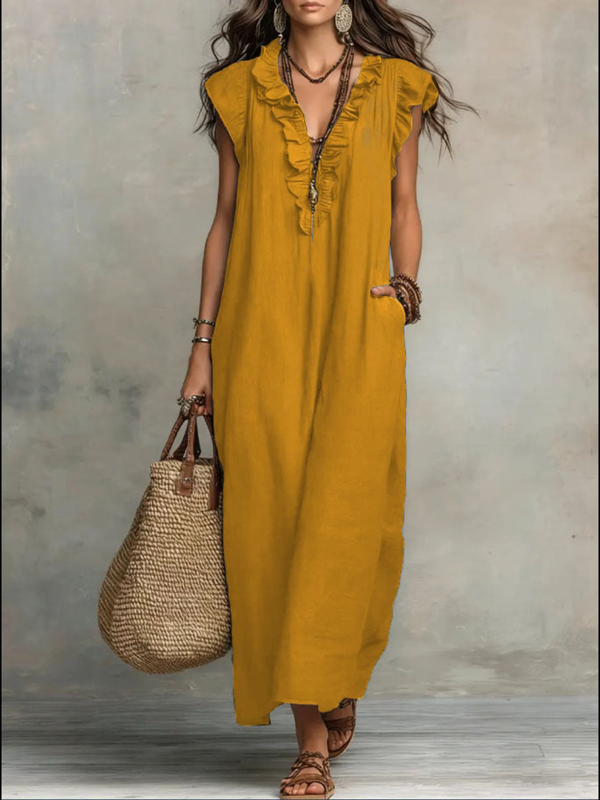 robe longue femme col en v à volants en jaune