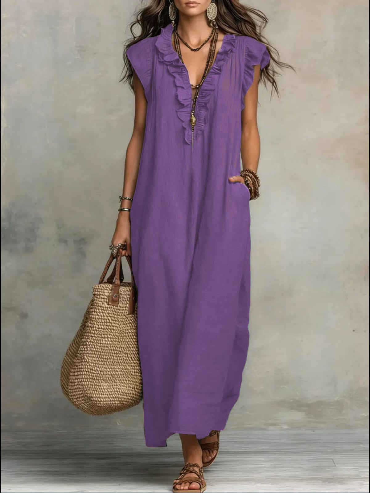 robe longue femme col en v à volants en violet