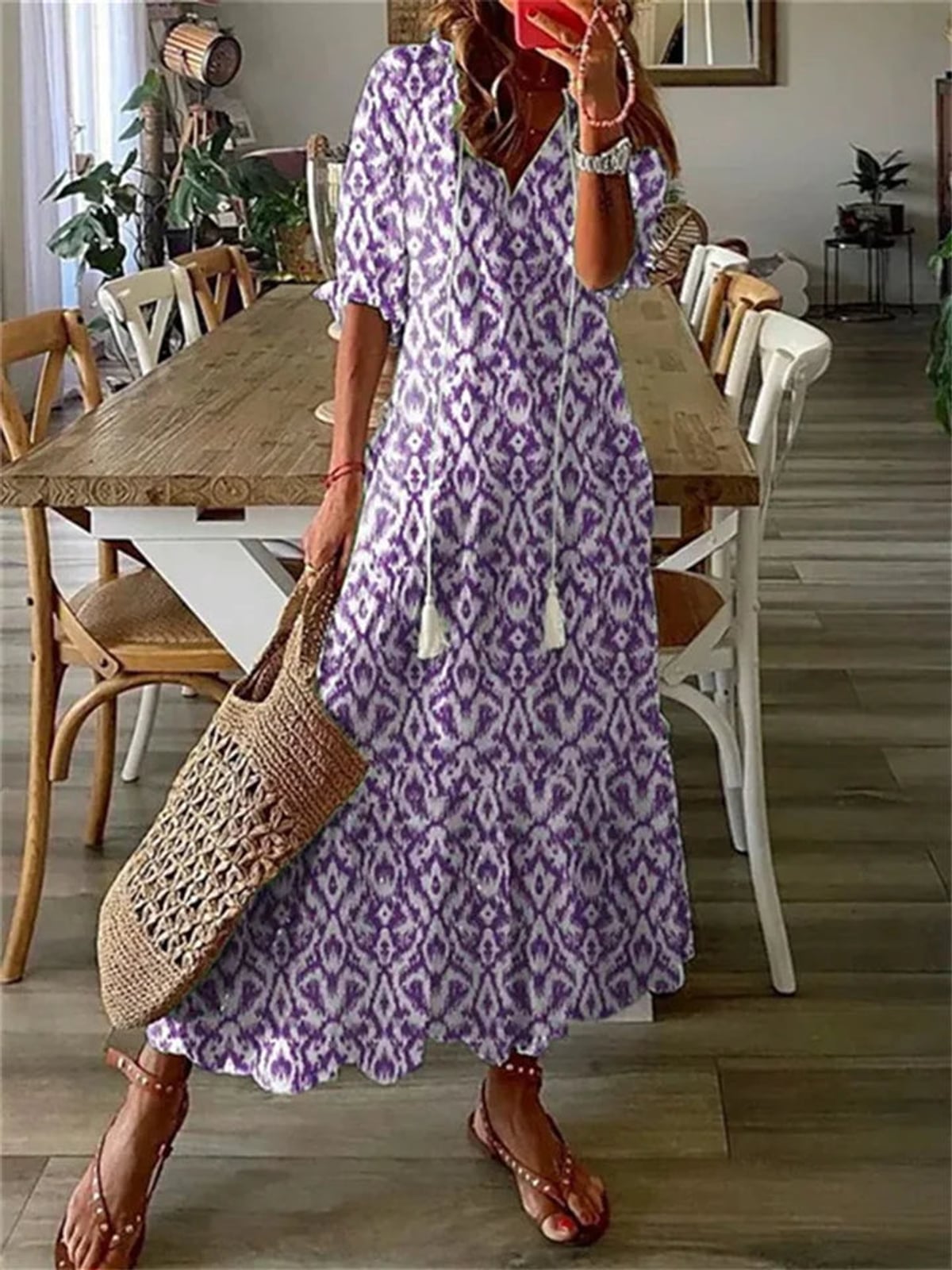 robe longue femme col en v imprimée en violet