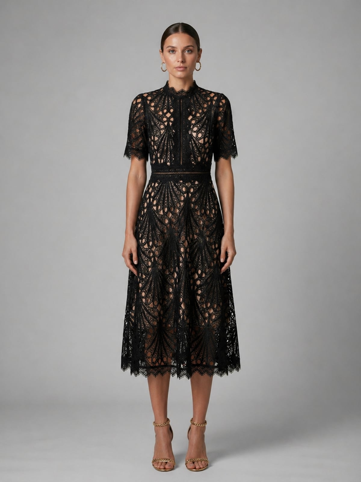 robe midi femme col montant dentelle en noir