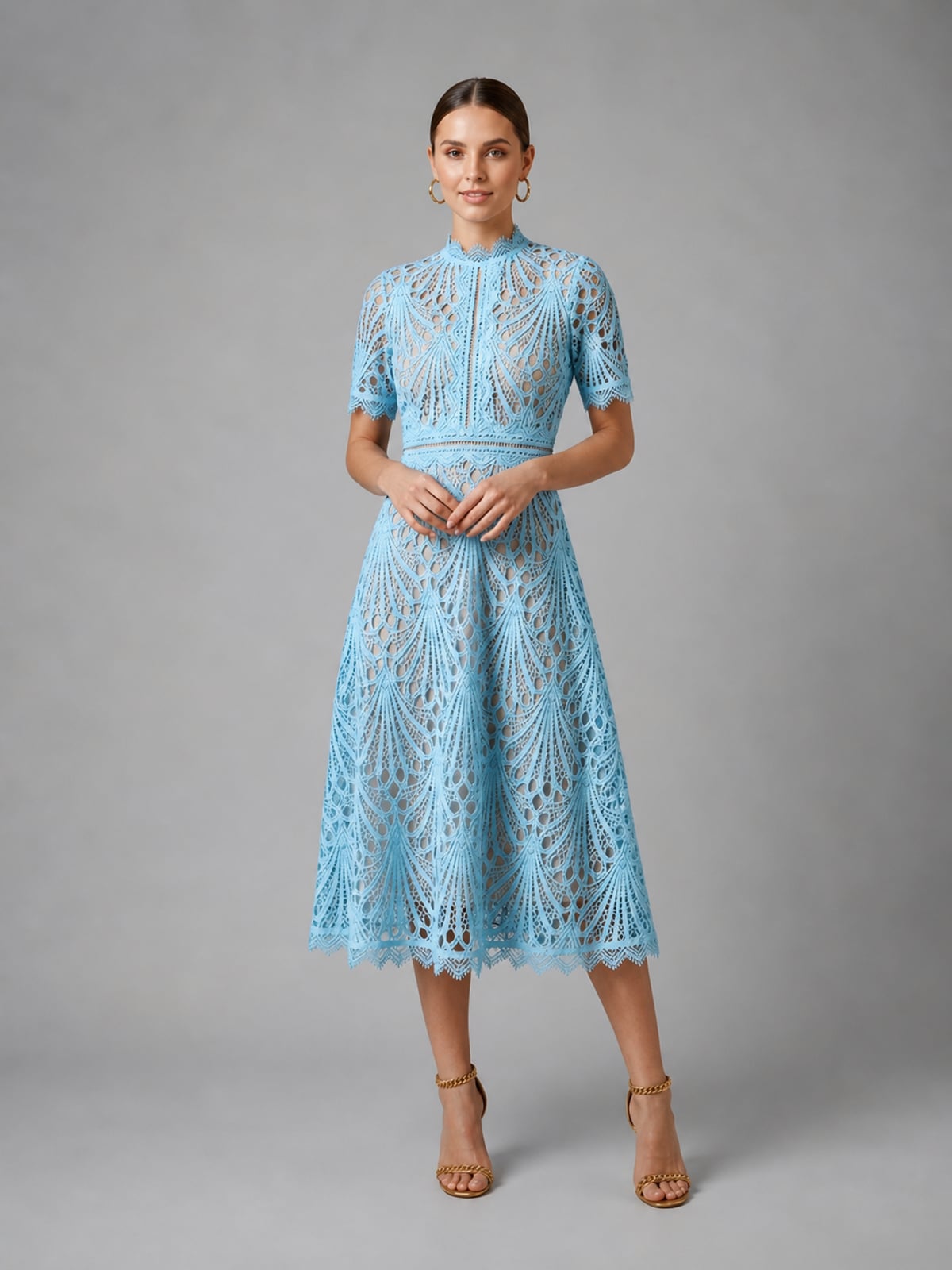 robe midi femme col montant dentelle en bleu ciel
