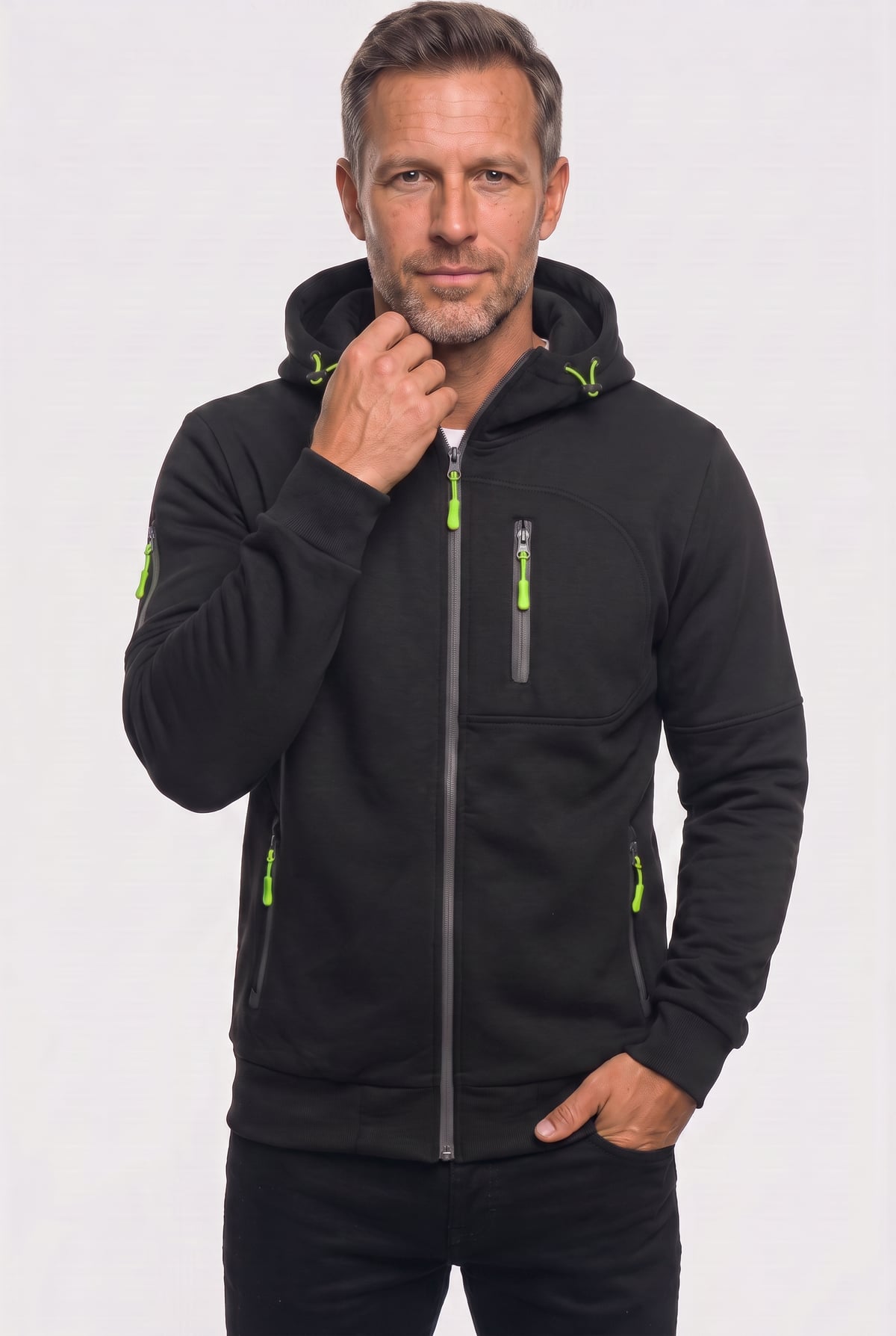 sweat à capuche homme zippé multi-poches en noir