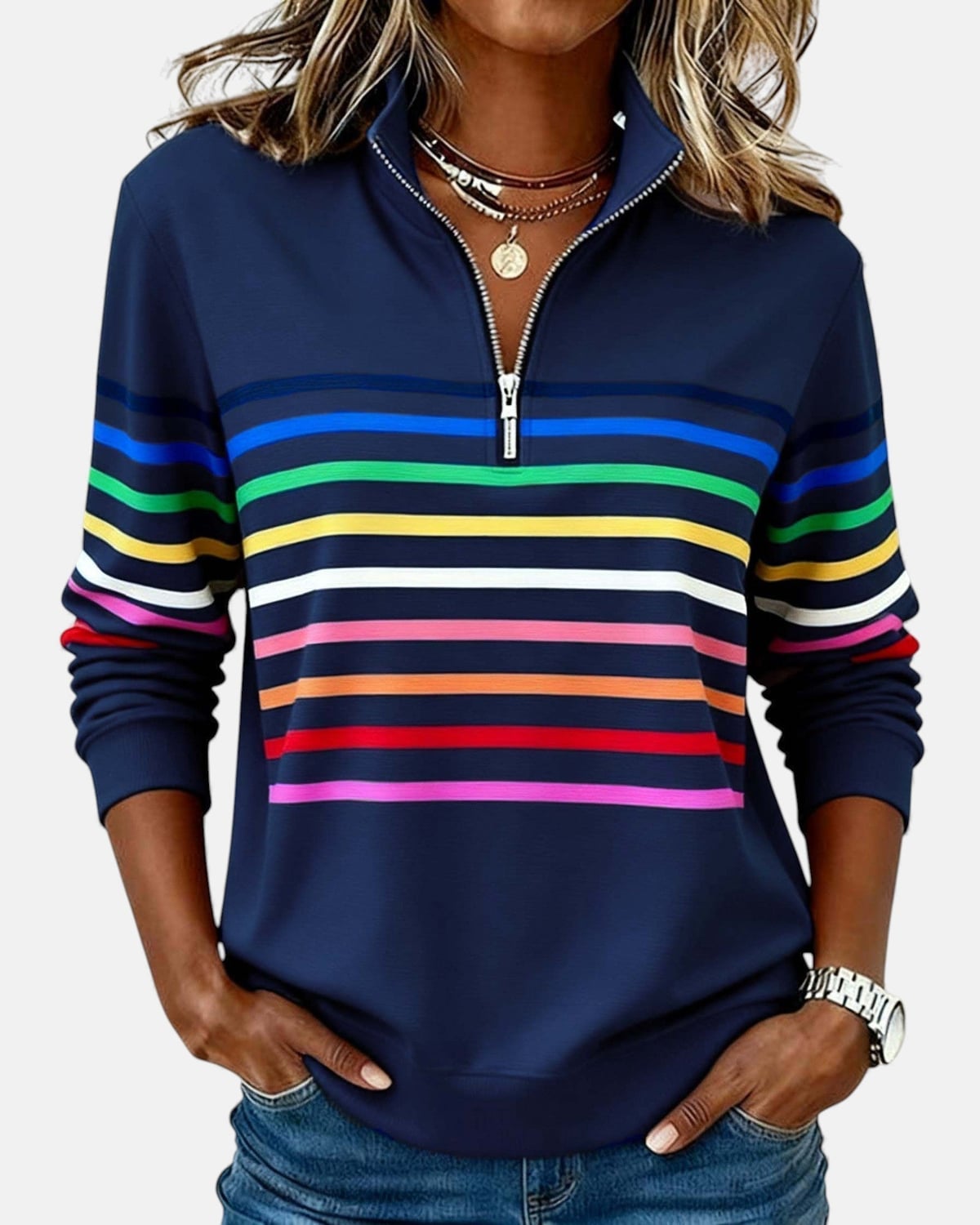 sweat femme col montant zippé rayures colorées en bleu