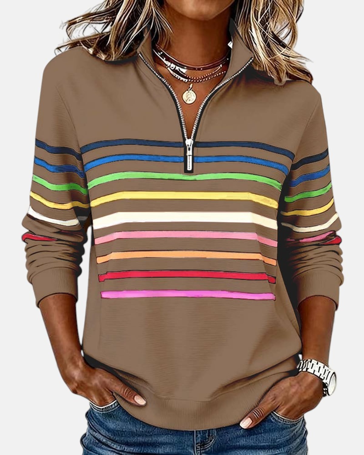 sweat femme col montant zippé rayures colorées en kaki