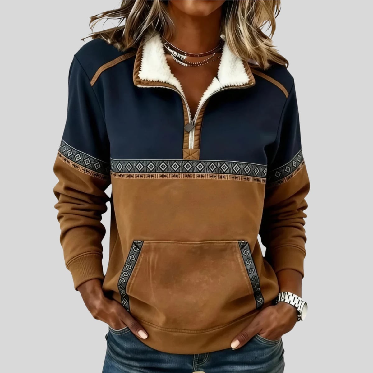 sweat femme col zippé motif ethnique