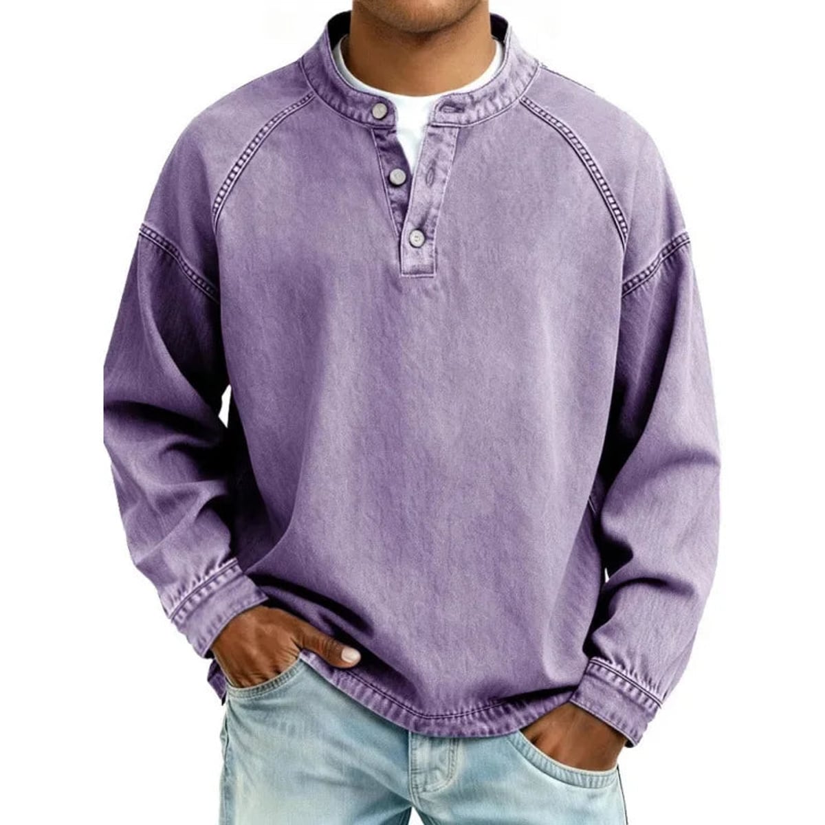 sweat homme col mao boutonné manches longues en violet