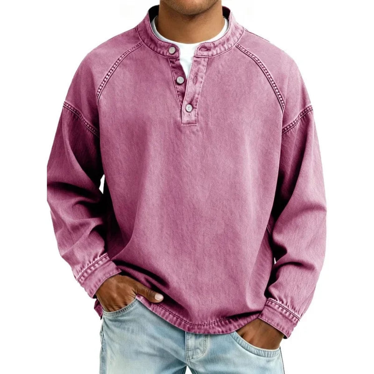 sweat homme col mao boutonné manches longues en rose