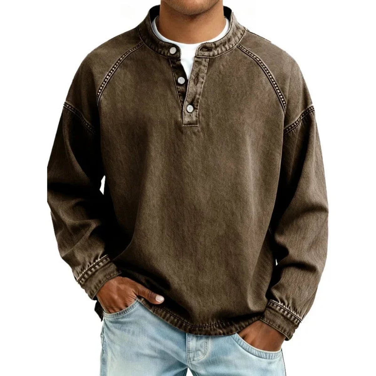 sweat homme col mao boutonné manches longues en marron foncé