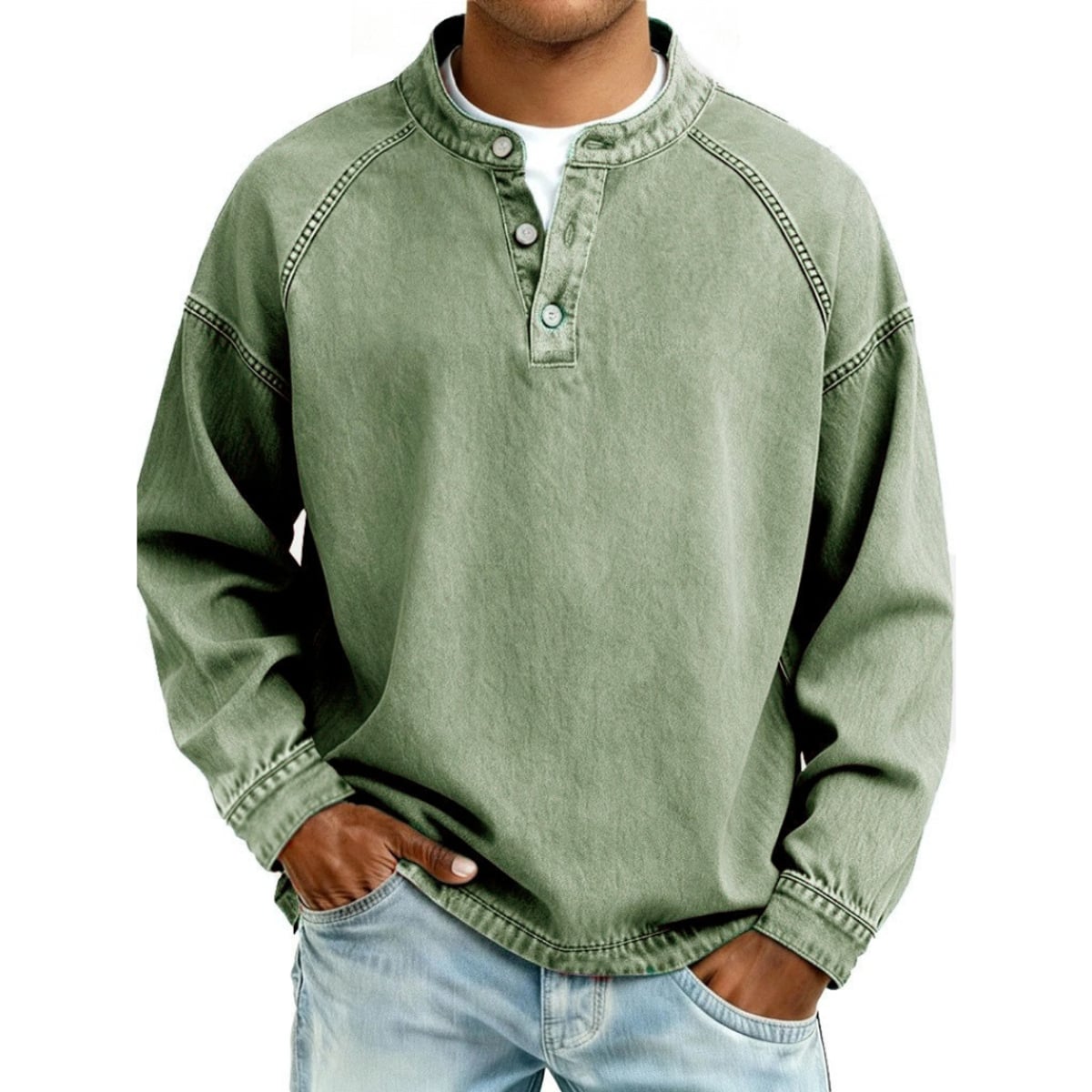 sweat homme col mao boutonné manches longues en vert